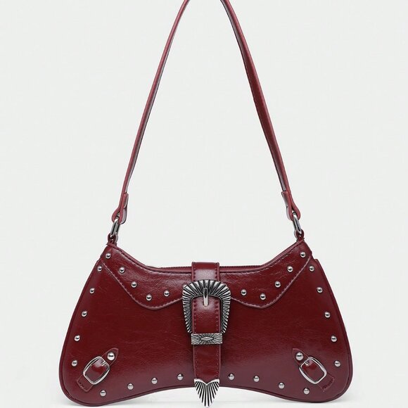 Burgundy Women's Bohemian Western Style Multiple Rivet Decor purse - Picture 1 of 6